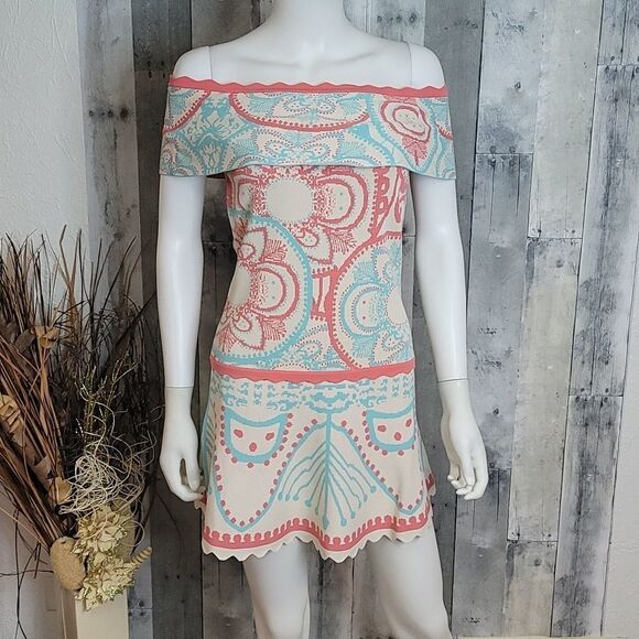 Foxiedox Winnie Off The Shoulder Dress In Beige Multi - Picture 3 of 12